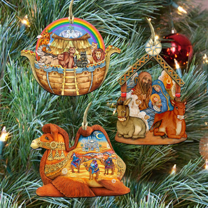 Story of Nativity Wooden Ornaments Set of 3 by G. DeBrekht - Nativity Holiday Décor - 8100022S3