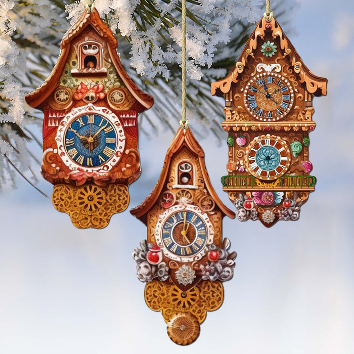 Miniature Clock Decorative Eco Wood Ornaments Set of 3 by G. Debrekht - Christmas Decor - 8091020-S3