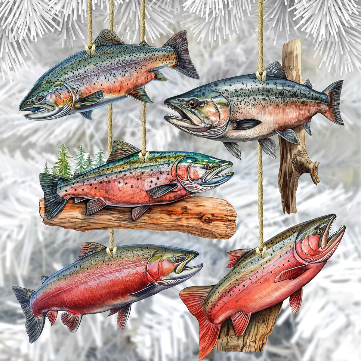 Alaskan Salmon Eco Wood Ornaments Set of 5 by G. Debrekht - Wildlife Holiday Decor - 8091322S5