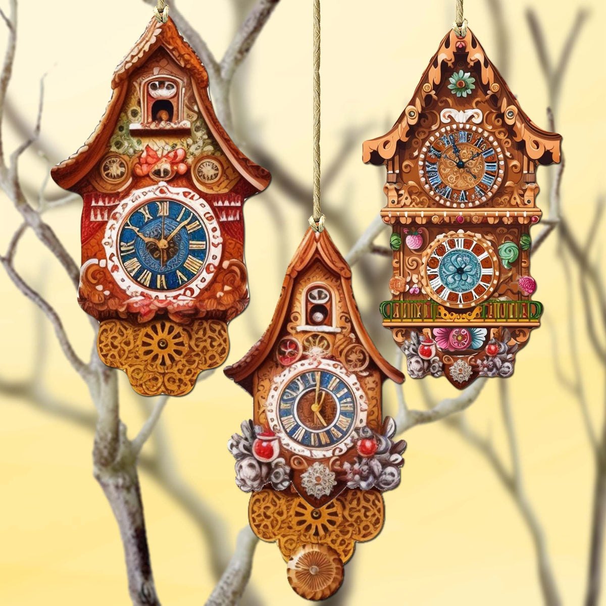 Miniature Clock Decorative Eco Wood Ornaments Set of 3 by G. Debrekht - Christmas Decor - 8091020-S3